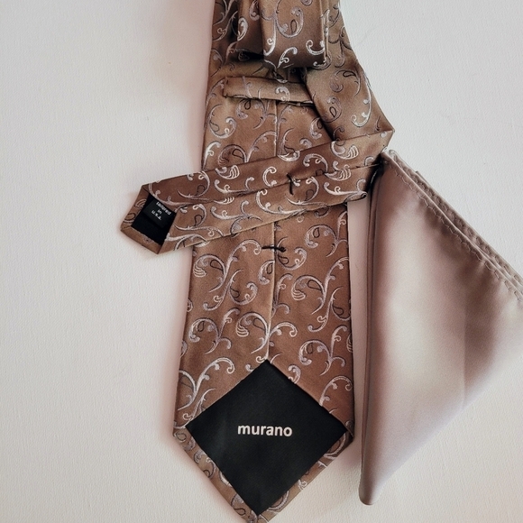 Murano Hand Tailored Silk Tie and Pocket Square Tan Gray - Picture 1 of 7